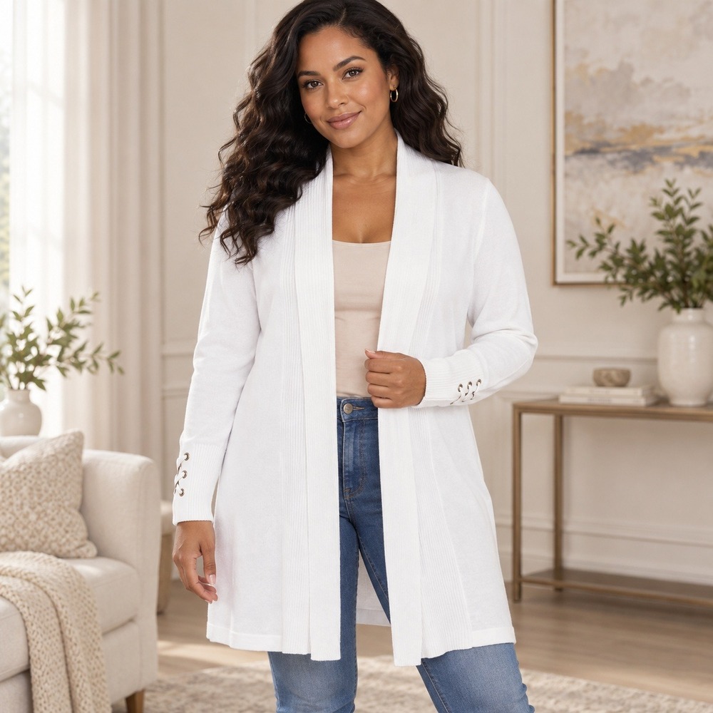 Magaschoni Cardigan Women L White Open Front Lace Up Cuff Ribbed Shawl Collar